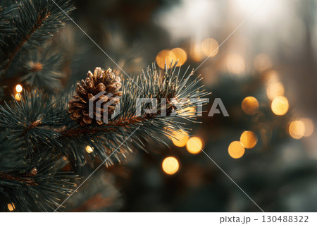 A pine tree branch with a pinecone on it. The pinecone is surrounded by a blurry background. 130488322