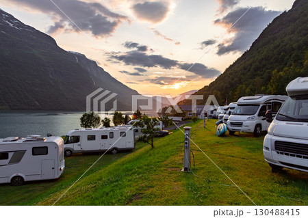 Family vacation travel RV, holiday trip in motorhome, Caravan car Vacation. Beautiful Nature Norway. Family vacation travel RV, holiday trip in motorhome, Caravan car Vacation. Beautiful Nature Norway. 130488415