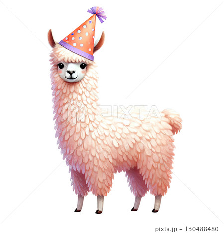 Cute llama with party hat celebrating birthday 130488480