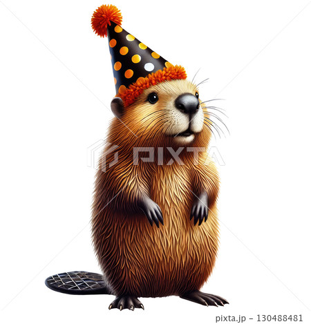 Beaver with party hat celebrating with bright orange decoration 130488481