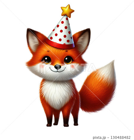 Cute fox with party hat smiling happily 130488482