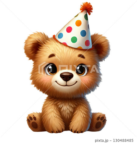 Cute teddy bear with party hat smiling happily 130488485