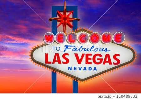 Welcome to Fabulous Las Vegas sign sunset sky Welcome to Fabulous Las Vegas sign sunset sky 130488532