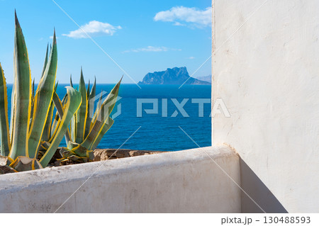 Moraira Alicante view mediterranean white house and agave 130488593