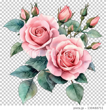 A beautiful bouquet of pink roses with lush green leaves and budding flowers. A beautiful bouquet of pink roses with lush green leaves and budding flowers. 130488731