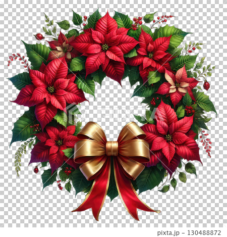 Festive poinsettia wreath with gold bow, vibrant colors on white isolated background. 130488872