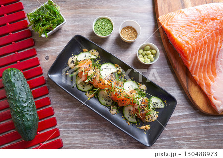 Wakame algae salmon salad and wasabi sesame Wakame algae salmon salad and wasabi sesame 130488973