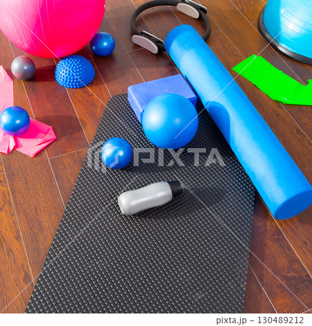 Aerobic Pilates stuff like mat balls roller magic ring 130489212