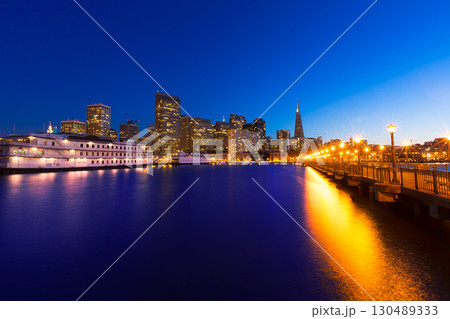 San Francisco Pier 7 sunset in California 130489333