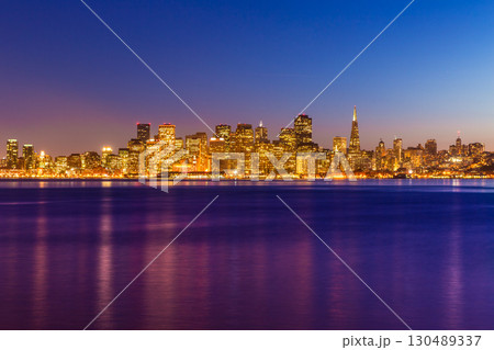 San Francisco sunset skyline California bay water reflection 130489337