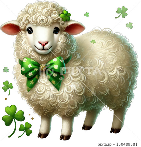 Cute cartoon sheep with a green bow and clovers, on a white isolated background. 130489381