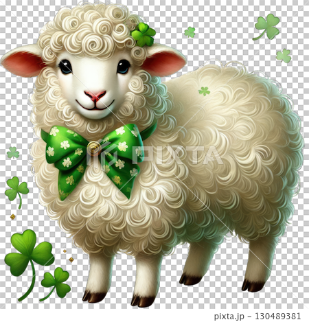 Cute cartoon sheep with a green bow and clovers, on a white isolated background. 130489381