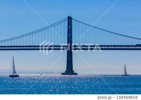San Francisco Bay bridge sailboat from Pier 7 California San Francisco Bay bridge sailboat from Pier 7 California 130489658