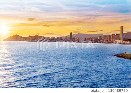 Benidorm Alicante sunset playa de Poniente beach in Spain 130489780