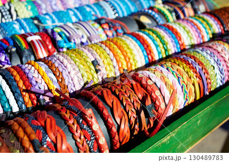 Bracelets of leather in colorful colors hand crafted Bracelets of leather in colorful colors hand crafted 130489783