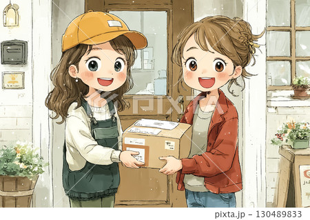 美優シリーズ：玄関先で女性配送スタッフが笑顔で荷物を手渡しているシーン 130489833