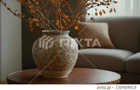 青い花瓶に活けられた花 130489918