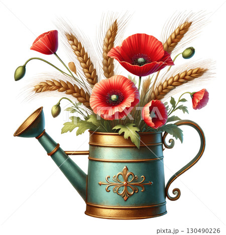 Vintage watering can with red poppy flowers and wheat stalks 130490226