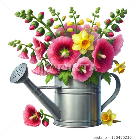 Colorful flowers in metal watering can with fresh green leaves Colorful flowers in metal watering can with fresh green leaves 130490230
