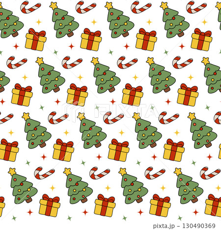 Seamless vector Christmas pattern with decorated tree, gift box, candy cane, and festive stars. Perfect for holiday wrapping paper, greeting cards, and seasonal design. 130490369