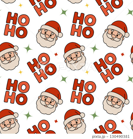 Seamless vector Christmas pattern with cute Santa Claus face, Ho Ho text, and festive stars. Perfect for holiday wrapping paper, greeting cards, and seasonal design. Seamless vector Christmas pattern with cute Santa Claus face, Ho Ho text, and festive stars. Perfect for holiday wrapping paper, greeting cards, and seasonal design. 130490381