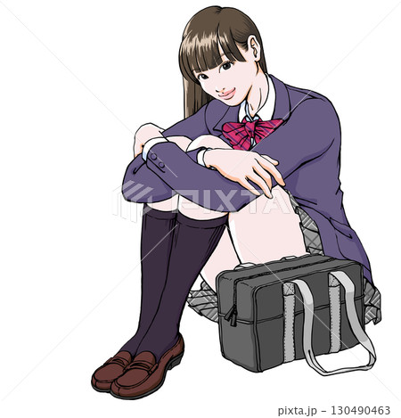 体育座りの女子高生_全身_ブレザー 体育座りの女子高生_全身_ブレザー 130490463