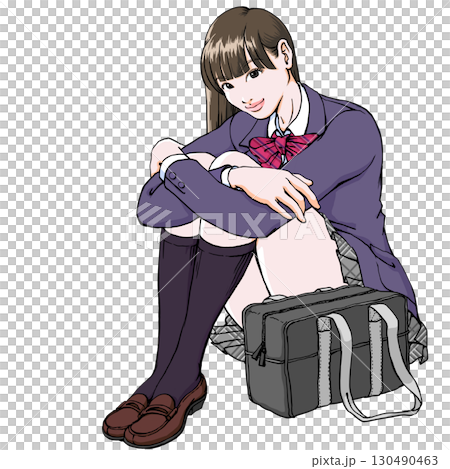 体育座りの女子高生_全身_ブレザー 体育座りの女子高生_全身_ブレザー 130490463