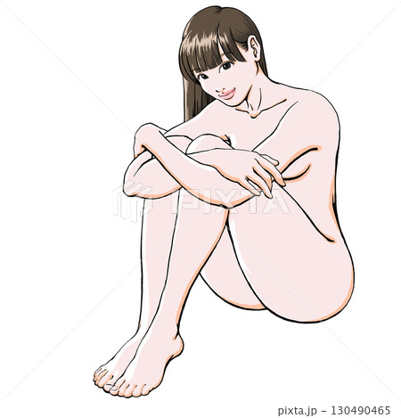 微笑を浮かべた体育座りの若い女性_裸_ロングヘア 微笑を浮かべた体育座りの若い女性_裸_ロングヘア 130490465