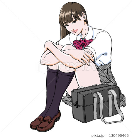体育座りの女子高生_全身_夏服 130490466