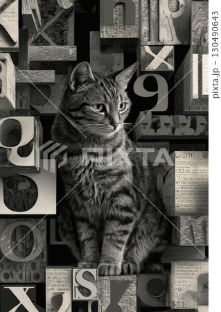 Elegant Cat Among Vintage Typography Blocks 130490643