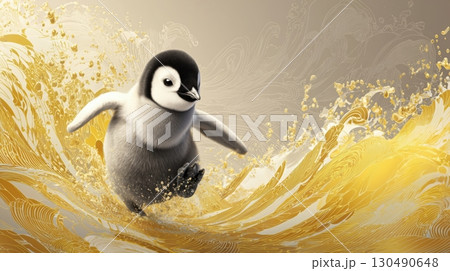Penguin Chick Riding Golden Waves 130490648