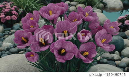 VibrantPurpleFlowersinPeacefulGardenSettingwithSmoothStonesandClearWater 130490745