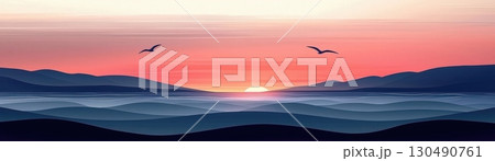 SereneSunsetOverCalmOceanWaveswithSilhouettedBirdsFlyinginaVibrantSky 130490761