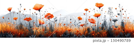 VibrantOrangePoppiesBloominginaSereneLandscapewithSoftMountainsinBackground 130490789