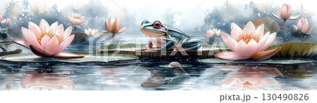 ColorfulFrogRestingonLilyPadSurroundedbyWaterLiliesinsereneNatureLandscape 130490826