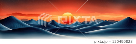 MajesticSunsetOverRollingHillsWithWarmOrangeandBlueColorPaletteinDigitalArtwork 130490828