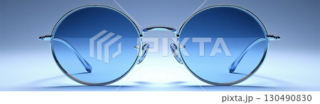 StylishRoundSunglasseswithBlueLensesandSleekFrameinBrightLighting 130490830