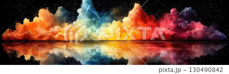 ColorfulAbstractCloudFormationReflectingonWaterSurfaceatNightwithStarryBackground 130490842