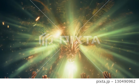 Colorful nighttime illumination casting green and yellow hues on palm tree surrounded by energetic partygoers cheering with raised hands 130490962