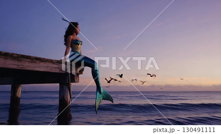 Ethereal mermaid resting on weathered pier, silhouetted against golden sunset, watching seabirds gliding over tranquil ocean waters 130491111
