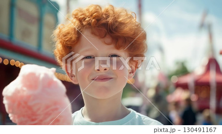 Red haired girl enjoying pink cotton candy, smiling brightly near blurred carnival rides under summer sunlight Red haired girl enjoying pink cotton candy, smiling brightly near blurred carnival rides under summer sunlight 130491167