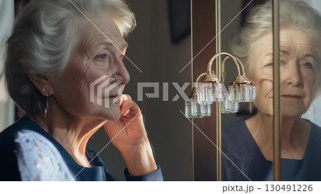 Senior woman reflectively touching wrinkled cheek while gazing softly into mirror, pondering aging process and nostalgic memories of past life stages 130491226