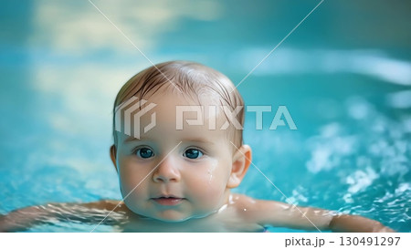 Baby girl splashing, swimming playfully in blue pool water, enjoying sensory rich aquatic experience supporting infant motor skill development and coordination 130491297