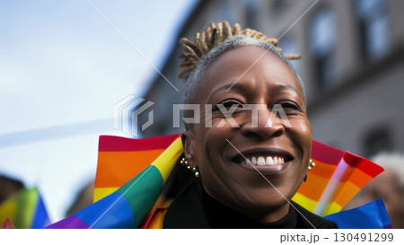 Smiling mature black woman displaying rainbow flags during urban pride parade, representing lgbtq plus community empowerment and inclusivity 130491299