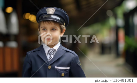 Cheerful young boy wearing police uniform standing confidently outdoors, urban landscape blurred behind, representing childhood aspirations in law enforcement career 130491301