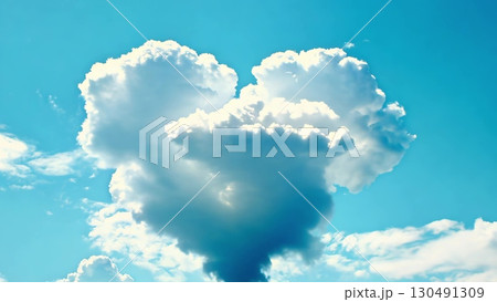 White heart shaped cloud shifting across azure sky, representing romantic feelings, tender love, and hopeful emotions through serene atmospheric transformation 130491309