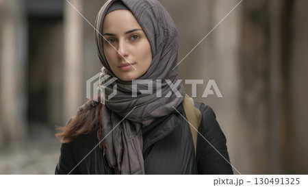 Confident young Muslim woman wearing hijab and backpack, walking urban street under cloudy sky, representing contemporary cultural identity 130491325