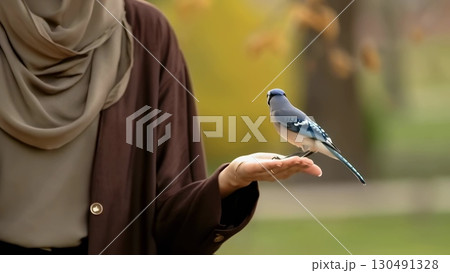 Hijab wearing woman interacting with blue jay amid golden autumn foliage, experiencing peaceful wildlife connection in tranquil park setting 130491328