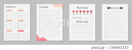 Printable A4 planner set with mood tracker, to do and wish list. Scalable graphics for printing. Blank page template 130491337