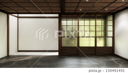 Mock up interior concept Empty room wood docoration wall on granite floor. 3D illustration rendering 130491491